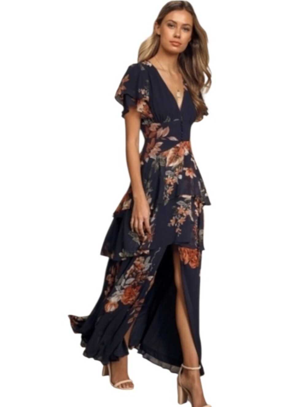 Lulus Midnight Mood Navy Blue Floral Print Tiered Maxi Dress Lulus New